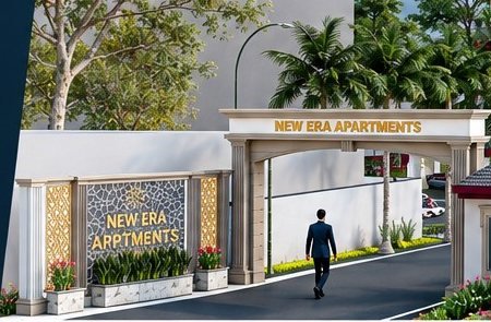 Gated entrance arch and security cabin at New Era Apartments