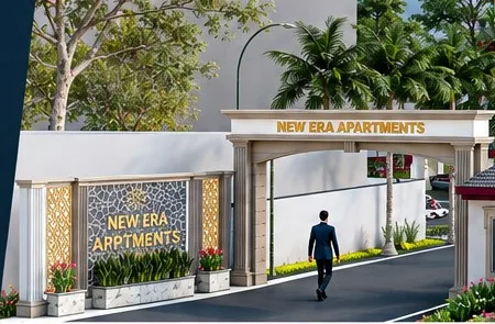 Gated entrance arch and security cabin at New Era Apartments
